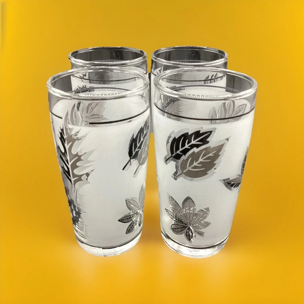 Vintage Libbey Frosted Silver Leaf Juice‎ Glasses Set of 4  4